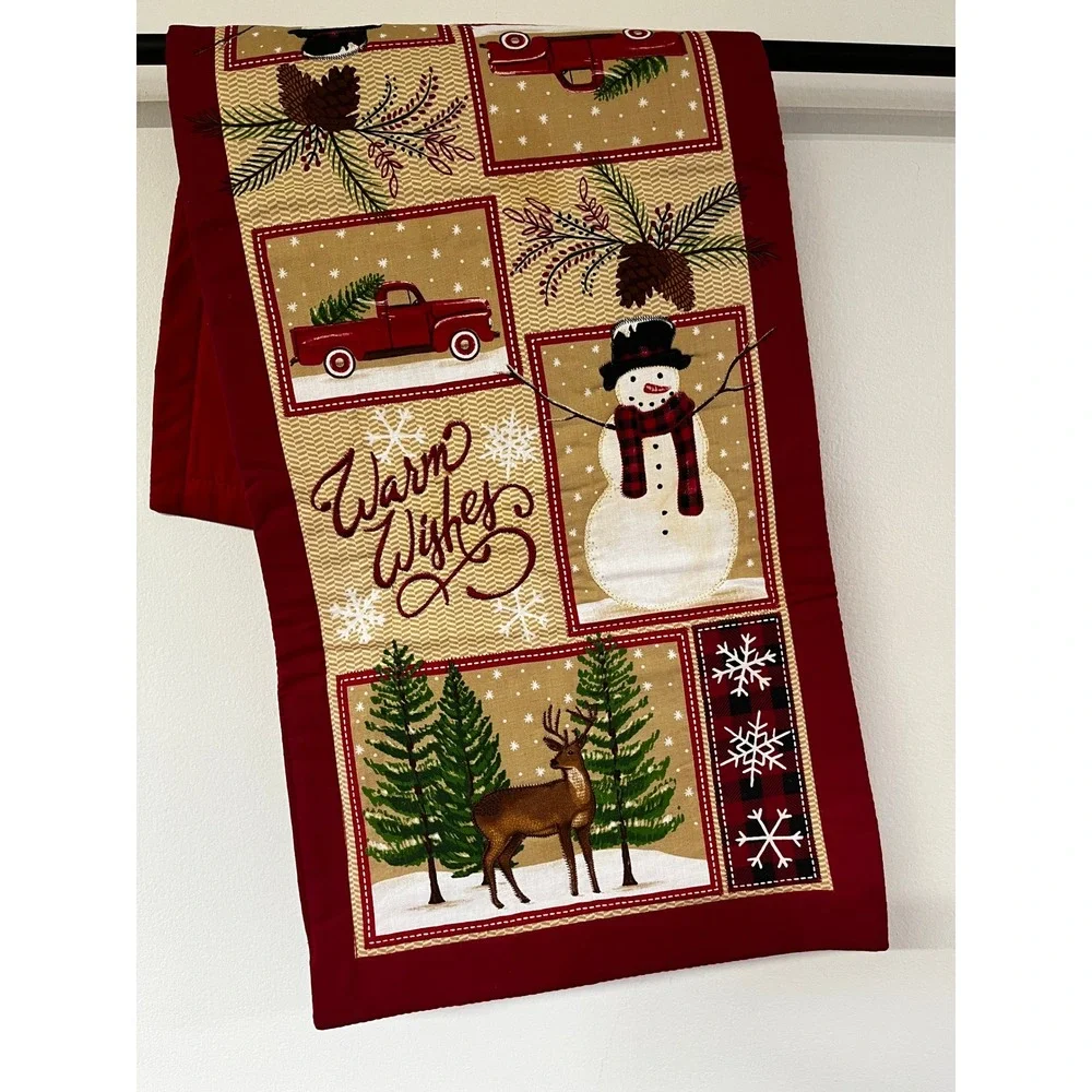 St Nicholas Square Christmas Table Runner Warm Wishes Red Truck Snowman 13x35